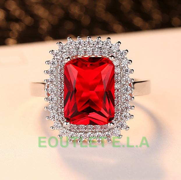 EXQUISITE RED CZ CLUSTER WHITE GOLD DRESS RING-size 9